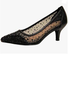 XYD Black Pointed Closed Toe Slip On Rhinestone Pumps Mesh Low Kitten Heels Shoe